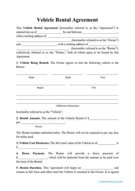 Vehicle Rental Agreement Template Vehicle Rental Agreement Doc