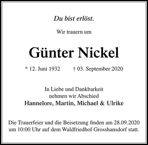 G Nter Nickel Traueranzeige Stormarner Tageblatt