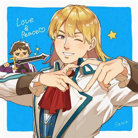 Safebooru 2boys Blonde Hair Blue Background Brown Hair Coat Eiyuu Densetsu English Text Frown