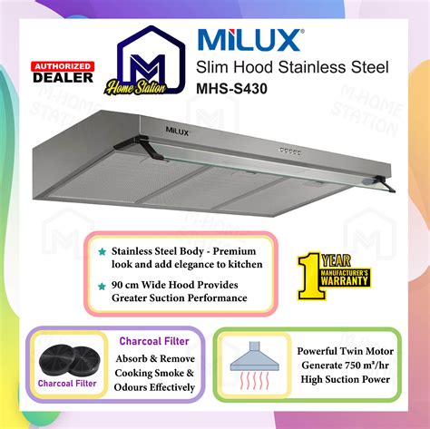 Milux 90cm Wide Stainless Steel Slim Cooker Hood Mhs S430 Penyedut Asap