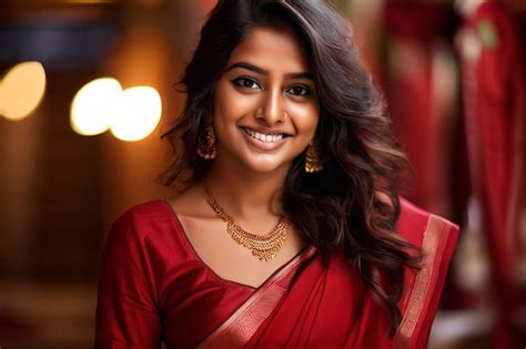 Premium Photo Beautiful Young Girl Wearing Red Saree