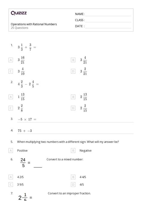 50 Operations With Rational Numbers Worksheets For 5th Class On