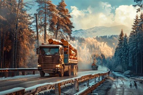 Premium Photo Logging Truck Loaded With Freshly Cut Logs On Their Way