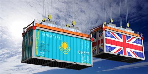 Premium Photo Shipping Containers With Flags Of Kazakhstan And United