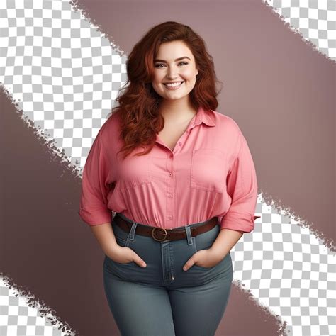 Premium Psd Chubby Redhead Woman In Her 30s Wearing Casual Pink Outfit Posing With Folded