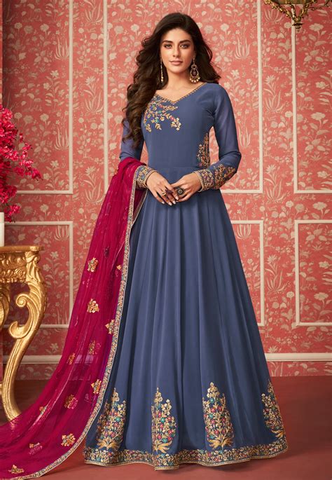 Blue Georgette Embroidered Floor Length Anarkali Suit 181910