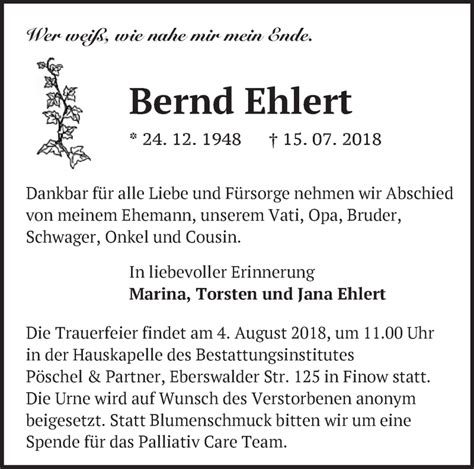 Traueranzeigen Von Bernd Ehlert M Rkische Onlinezeitung Trauerportal