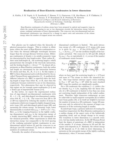 (PDF) Realization of Bose-Einstein Condensates in Lower Dimensions