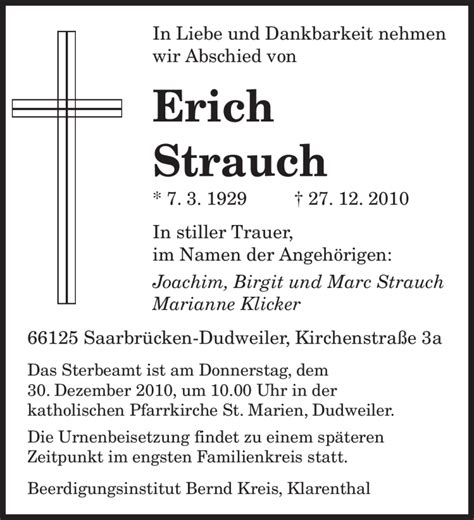 Traueranzeigen Von Erich Strauch Saarbruecker Zeitung Trauer De