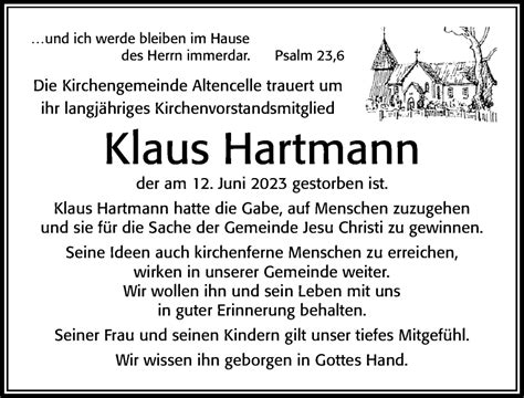 Traueranzeigen Von Klaus Hartmann Trauerportal Der Celleschen Zeitung