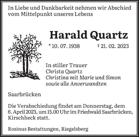 Traueranzeigen Von Harald Quartz Saarbruecker Zeitung Trauer De