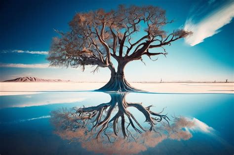 Premium Photo View Of Tree Of Life Reflected In Water Generative Ai