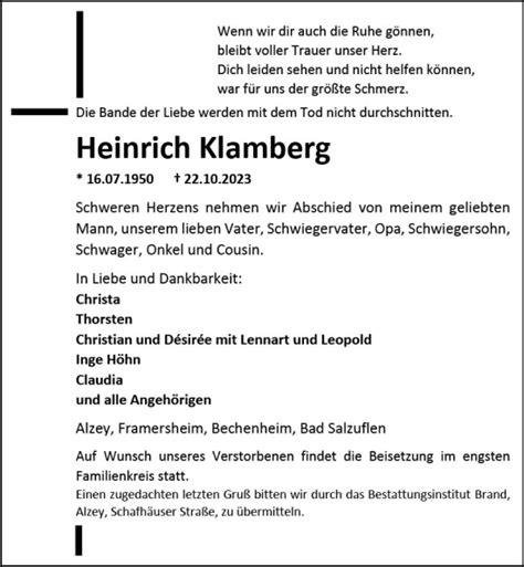 Traueranzeigen Von Heinrich Klamberg Vrm Trauer De