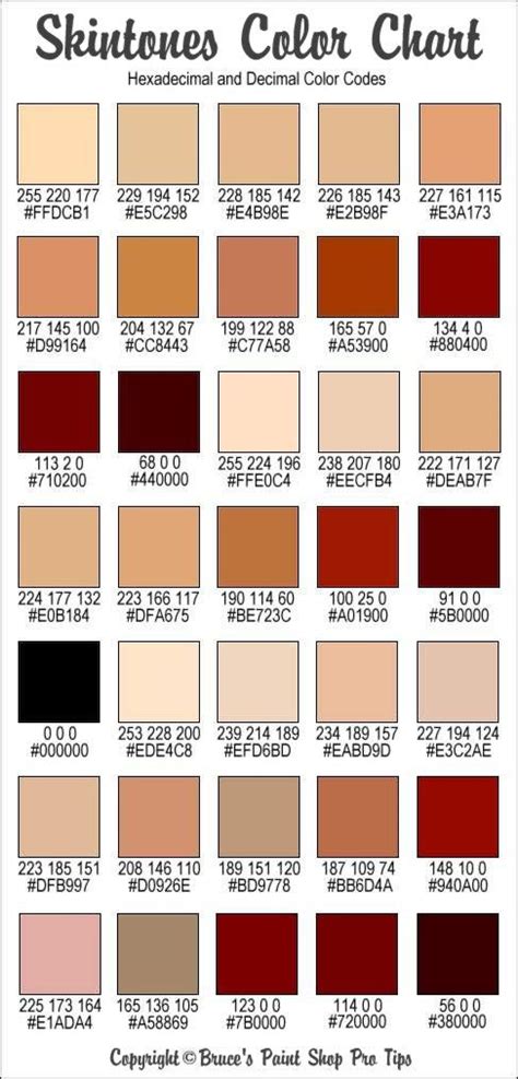 Rgb And Hex Codes For Different Skin And Hair Tones Skin Color