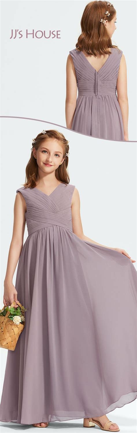 Us A Line V Neck Floor Length Chiffon Junior Bridesmaid Dress