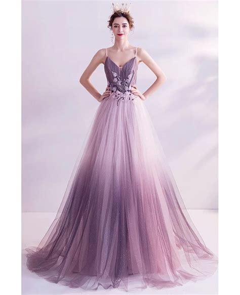 Dreamy Ombre Purple Flowy Long Tulle Aline Prom Dress With Spaghetti