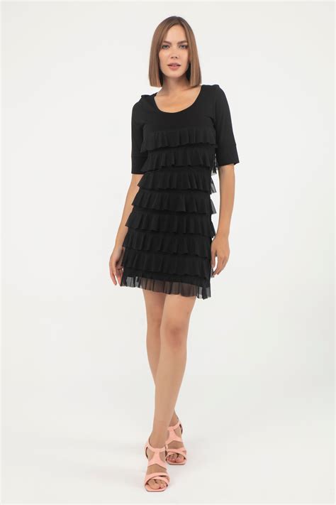 Black Elbow Length Sleeve Dress With Mesh Ruffles Isle By Melis Kozan