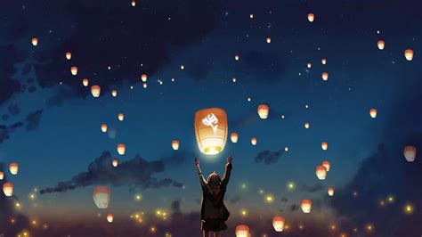 Lanterns In Night Sky Live Wallpaper Wallpaperwaifu Lantern