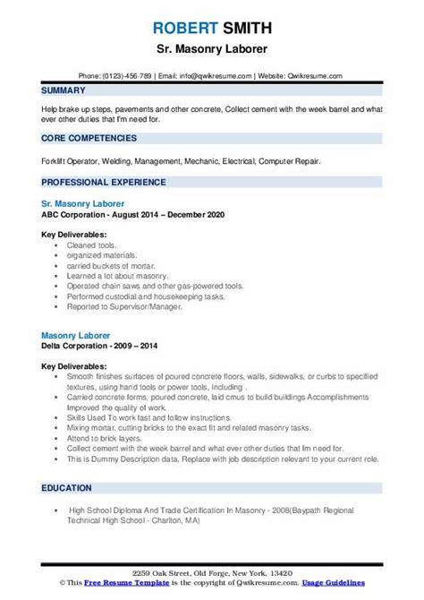 Masonry Laborer Resume Samples Qwikresume