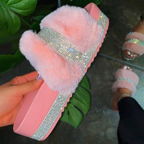 Shiny Fuzzy Platform Sandals Rhinestones Womens Flatform Slippers