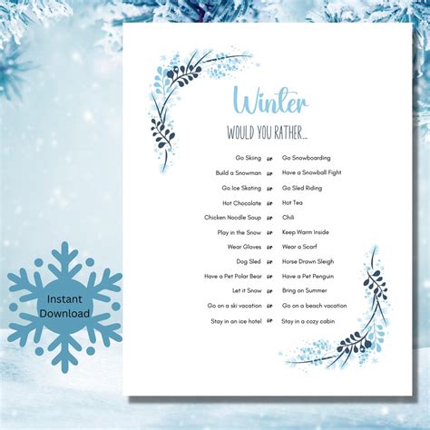 Winter Would You Rather Game, Winter This or That Game, Printable ...