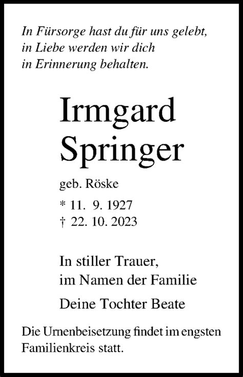 Traueranzeigen Von Irmgard Springer Trauer Anzeigen De