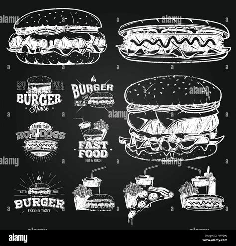 Fast Food Label Logos And Design Elements Chalk Drawing Template For