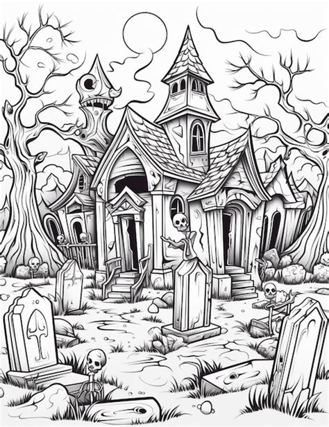 Un Dibujo En Blanco Y Negro De Un Cementerio Con Una Iglesia Y Un