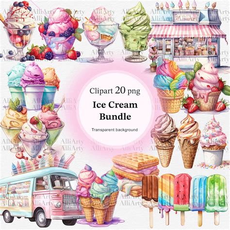 Watercolor Ice Cream Clipart 20 Png Files Instant Download Ice Cream Bus Bundle Cones And