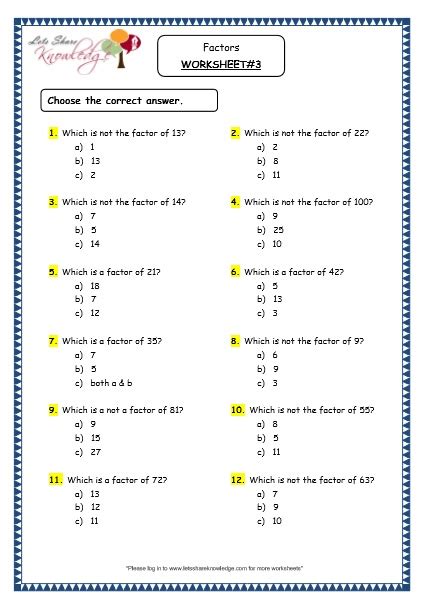 Factors Worksheet For Grade 5 With Answers