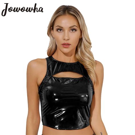 Womens Wet Look Patent Leather Crop Top Sleeveless Hallow Out Back Zipper Crop Tank Tops Sexy