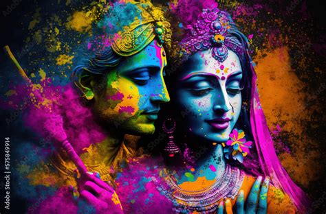 Hindu Mythological Couple Krishna And Radha In Holi Festival Concept