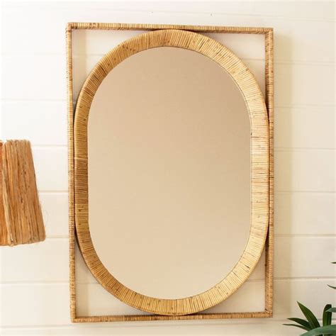 Cane Wrapped Wall Mirror Boho Mirror Kalalou Mirror Oval Shaped Mirror