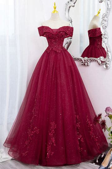 Burgundy Off Shoulder Long Ball Gown Dress Viviyshop