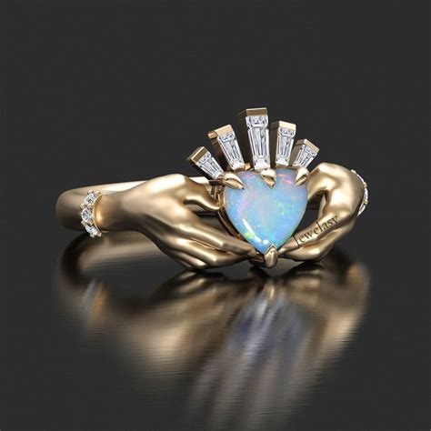 Opal Engagement Ring Hands Ring In K Gold Heart Shaped Opal Ring