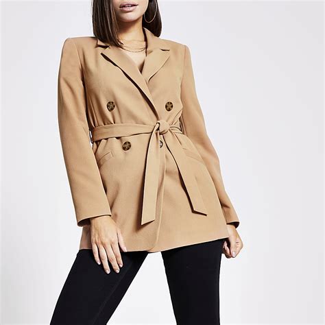 Beige Double Breasted Belted Blazer River Island