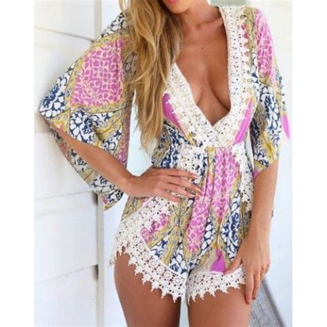 Bohemian Plunging Neck 3 4 Sleeve Laciness Printed Romper For Women