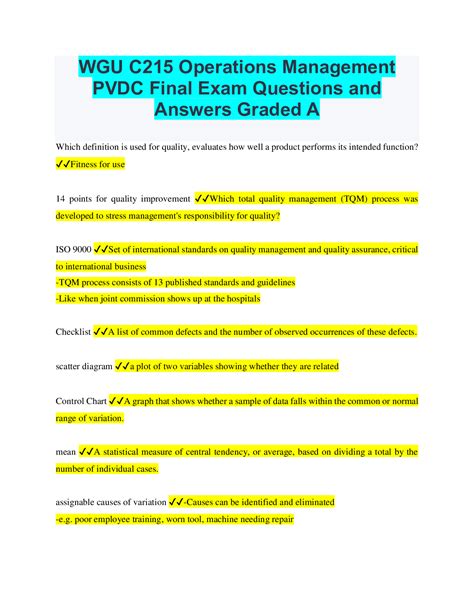 WGU C215 Operations Management PVDC Final Exam Questions And Answers