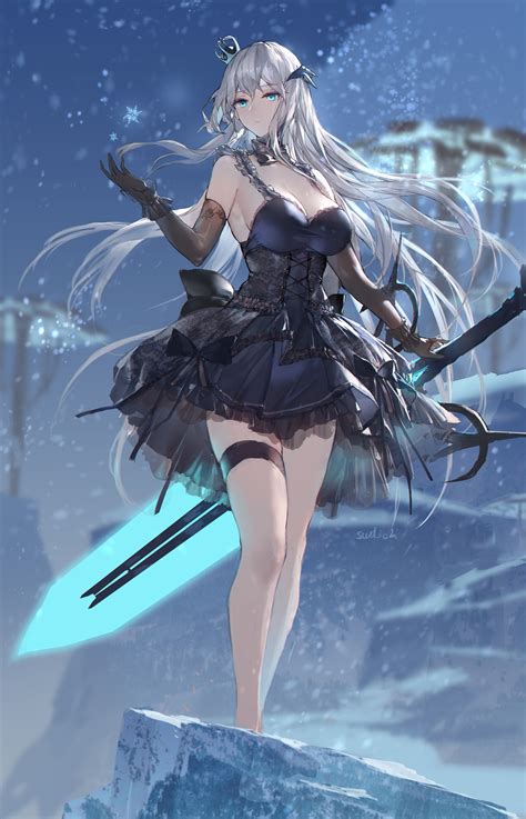 Swd3e2 Blue Eyes Big Boobs Cleavage Tight Waist Thigh Strap Anime Girls Silver Hair