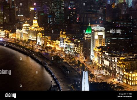 Shanghai Night Skyline View Along Huangpu River And The Bund