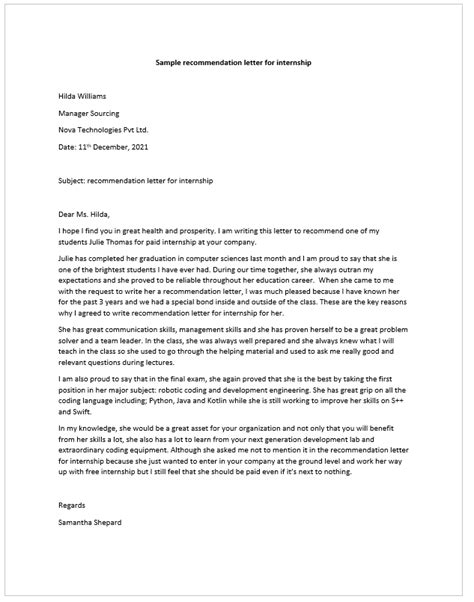 Sample Recommendation Letter For Internship Smart Letters