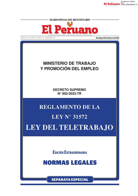 Decreto Supremo Que Aprueba El Reglamento De La Ley N 31572 Decreto