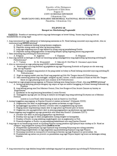 4th Quarter Exam In Filipino Pdf