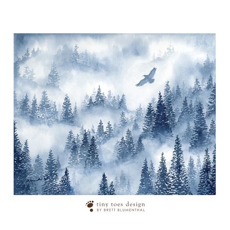 Foggy Alpine Woodland Print Misty Forest Watercolor Foggy Etsy