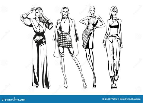 Set Of Young Beautiful Women In Stylish Clothes Fashion Sketch Stock Illustration