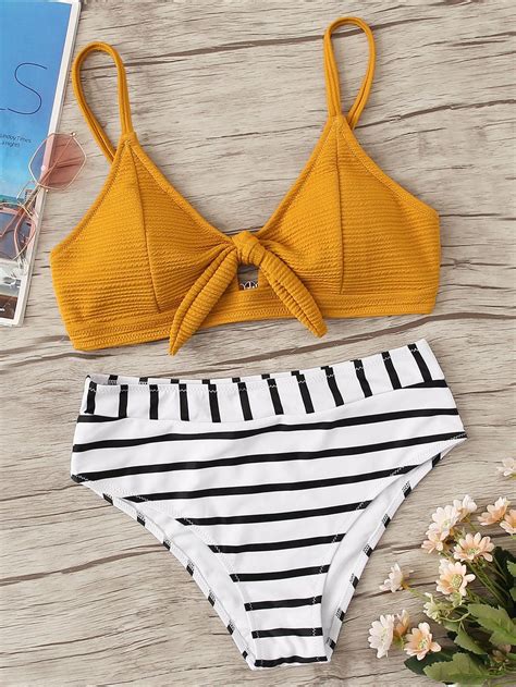 Textured Knot Front Top With Striped Bikini Set Romwe Striped