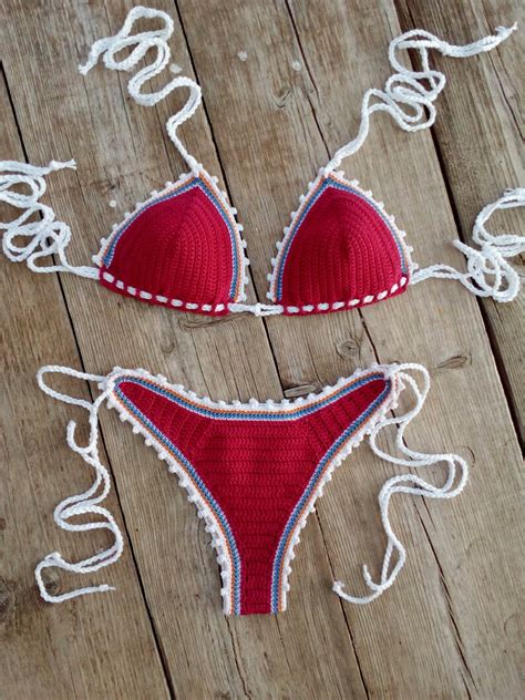 Alta Anca Brasiliana All Uncinetto Bikini Set Raspberry Etsy