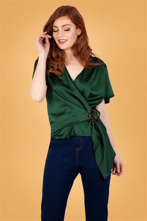 Vixen 50s Nina Satin Wrap Blouse In Emerald Green Shop At Topvintage