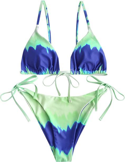 Zaful Womens Tie Dye Cinched String Triangle Bikini Set Three Piece