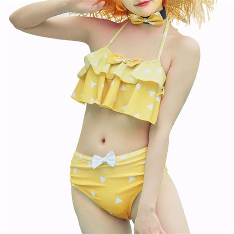 Women Two Piece Lace Up Anime Swimsuit Halter Layered Bikini Set Beach